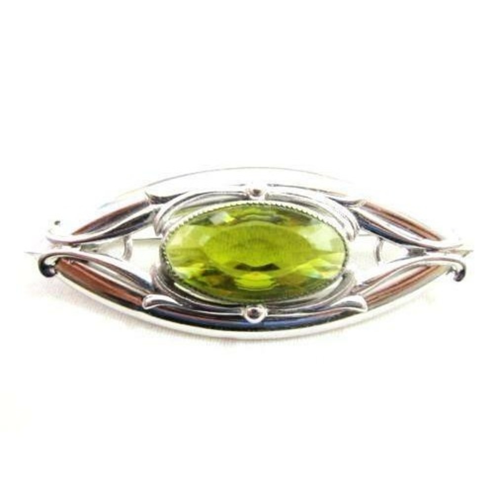 Vintage Art Nouveau‎ Style Large Green Bezel Set Stone Floral Rhodium Brooch
